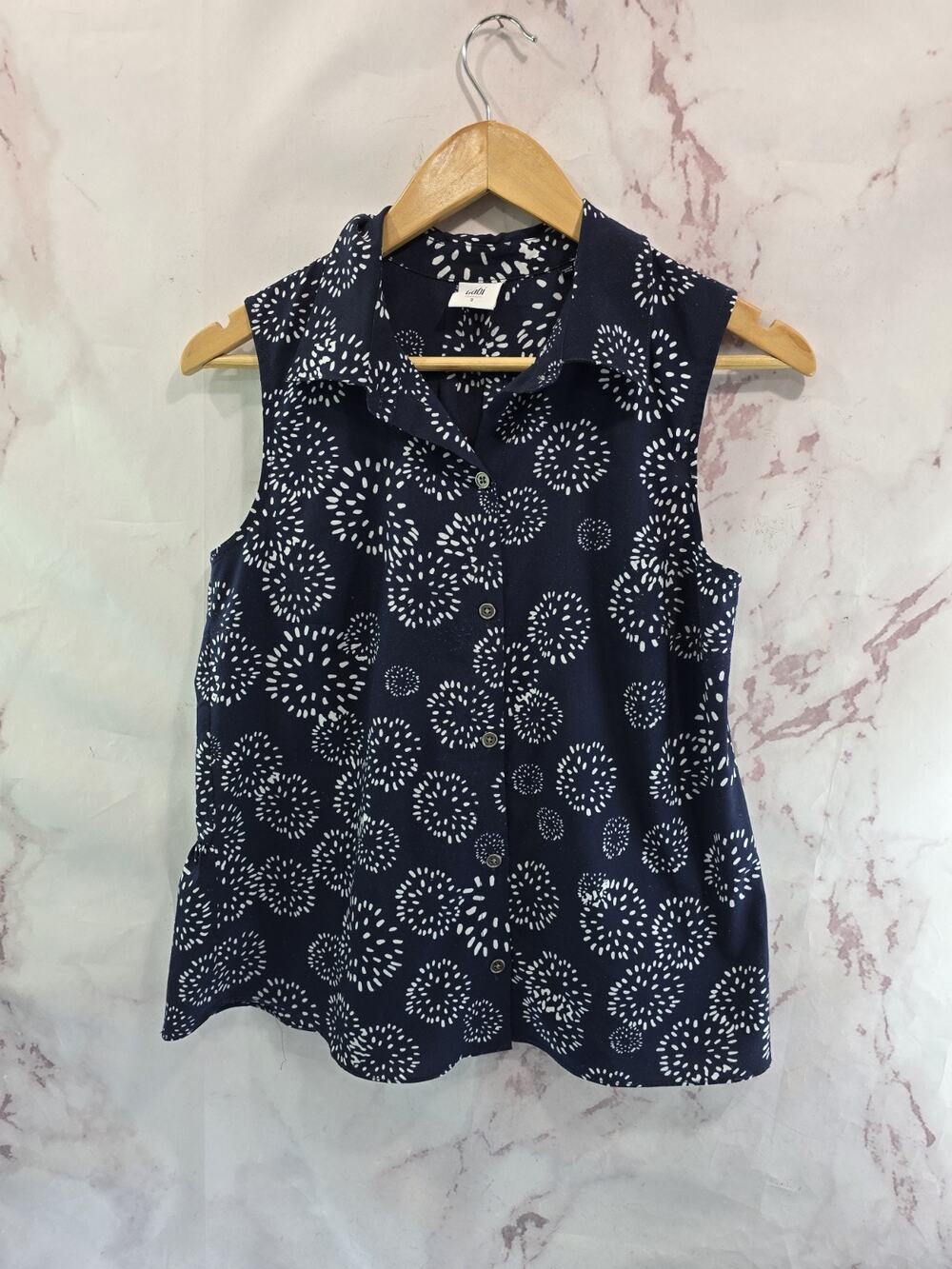 CAbi Tank Top Womens Small Blue White Burst Firework 4th July Button Navy 5215
